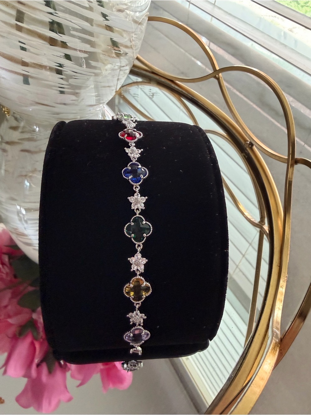 Multi-Color Gemstone Clover Link Bracelet - Women Jewelry